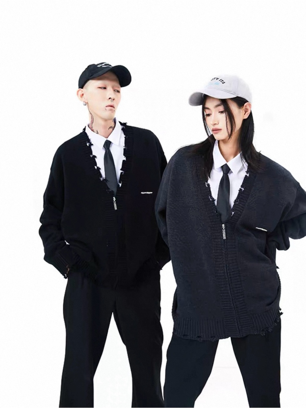 Unisex Oversized Zip-Front Cardigan with Distressed Trim in Black